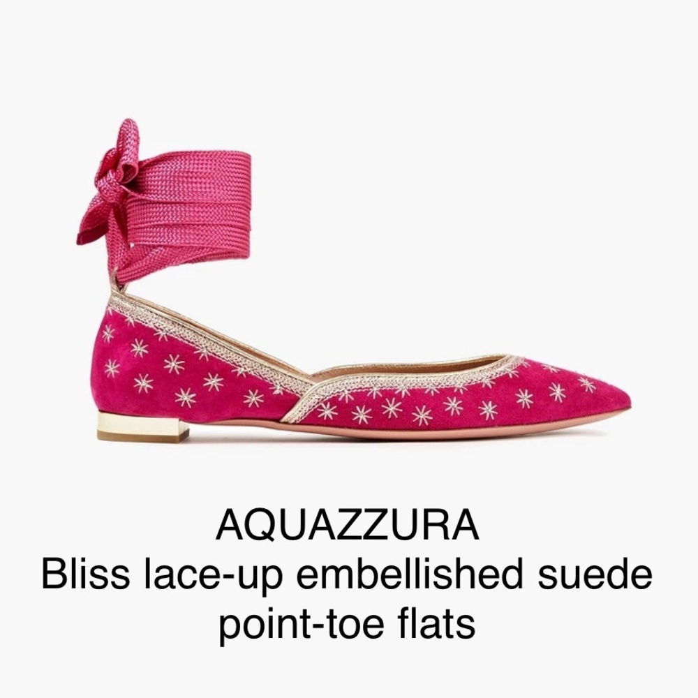 NIB AQUAZZURA Bliss lace-up embellished suede point-toe flats EU 36.5